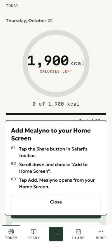 Mealyno mobile web app showing the iPhone steps to add it to the Home Screen from Safari