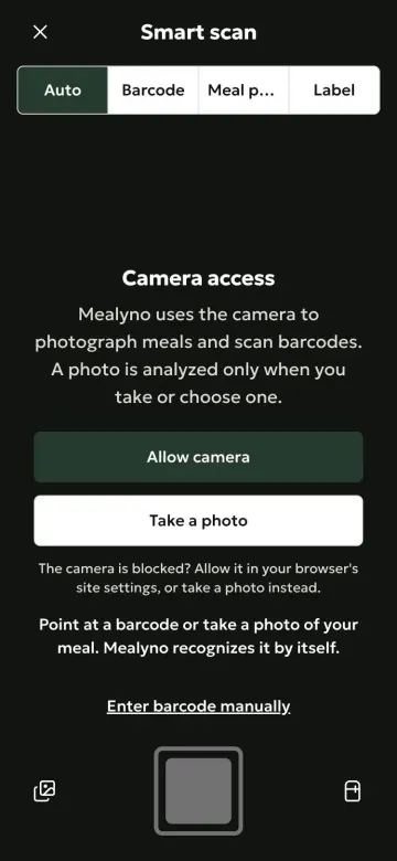 Mealyno mobile web app, scan screen with a fallback to take a photo or enter a barcode by hand