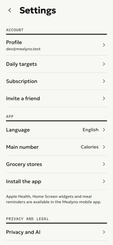 Mealyno mobile web app, Settings screen with the Install the app row