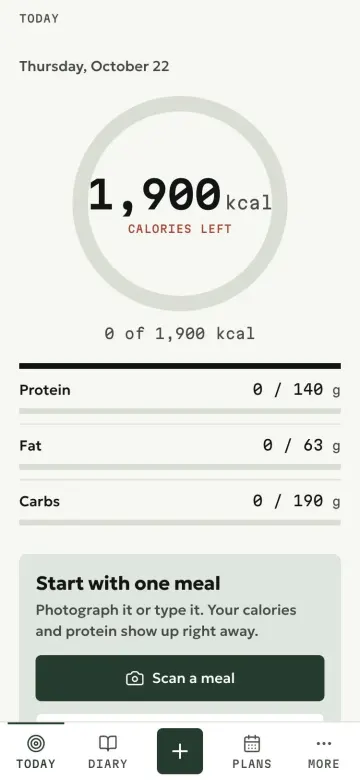 Mealyno mobile web app, Today screen: calories left ring, protein, fat and carbs bars, and a Scan a meal button